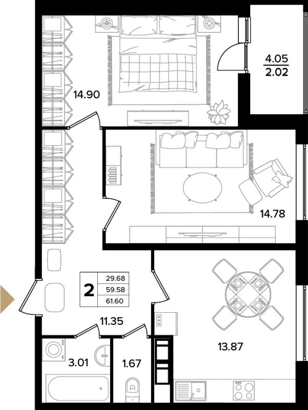 2-комнатная квартира, 60.7 м² в ЖК "Панорама Невы" - планировка, фото №1