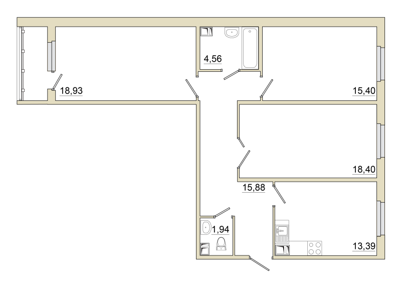 3-комнатная квартира, 90.2 м² - планировка, фото №1