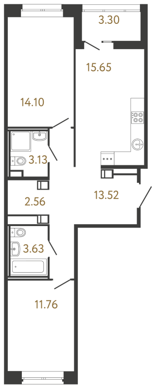 3-комнатная (Евро) квартира, 64.35 м² в ЖК "Ultra City 3.0" - планировка, фото №1