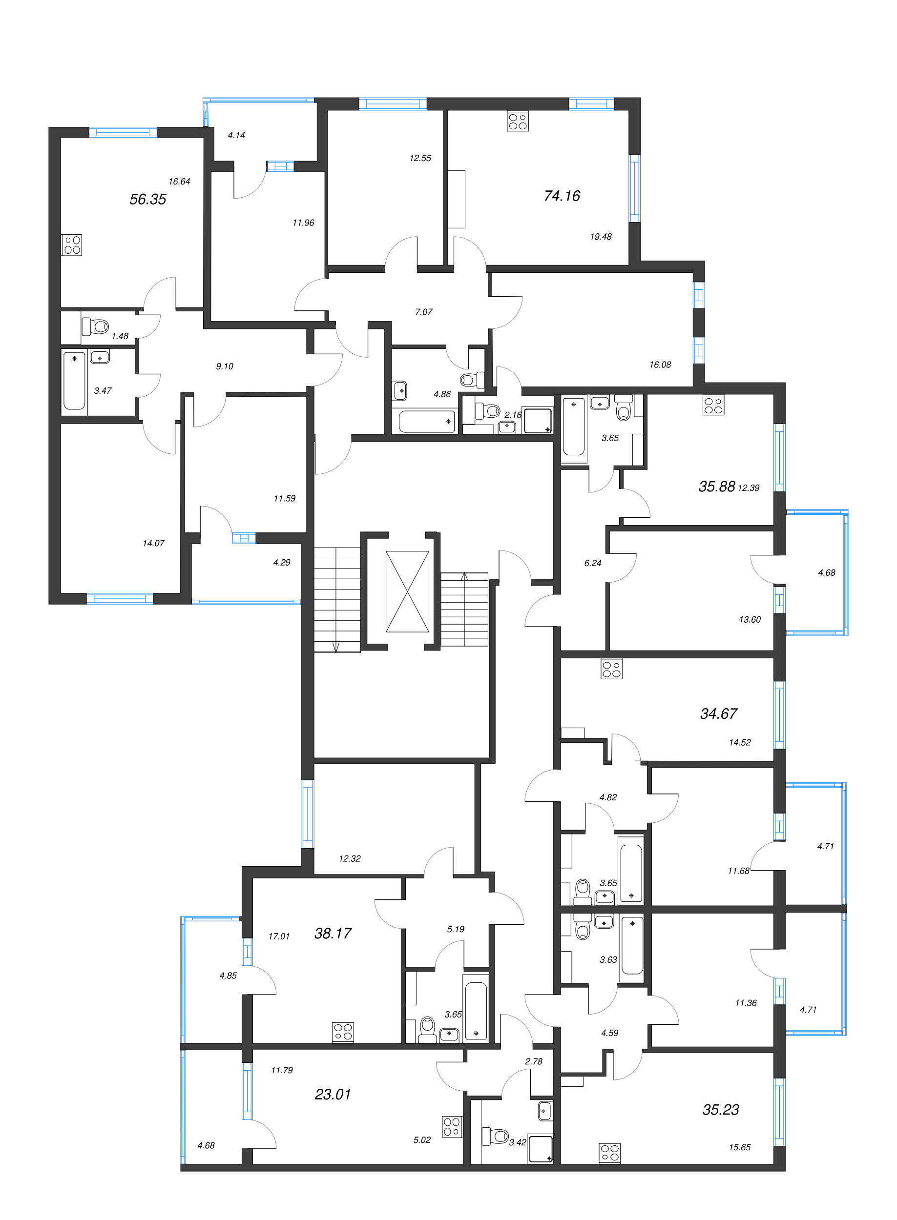 3-комнатная (Евро) квартира, 56.35 м² - планировка этажа