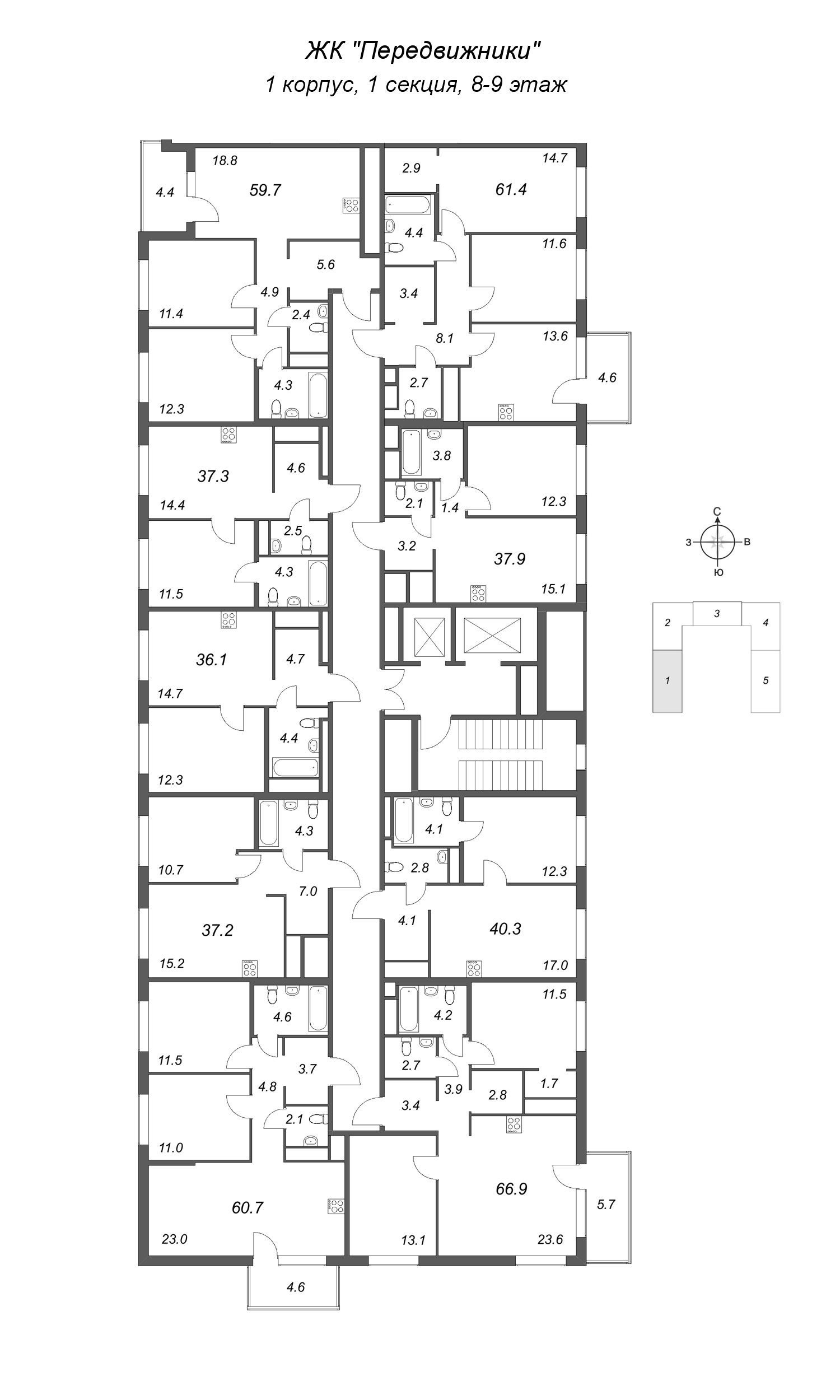 2-комнатная (Евро) квартира, 40.3 м² в ЖК "Передвижники" - планировка этажа