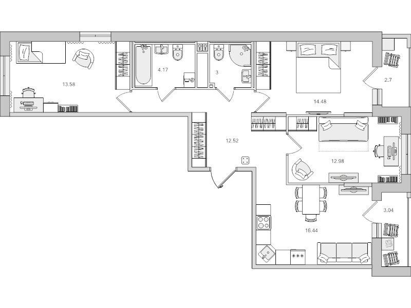 4-комнатная (Евро) квартира, 77.17 м² - планировка, фото №1