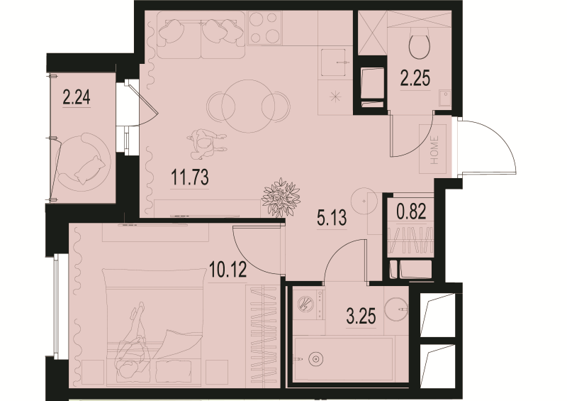 1-комнатная квартира, 34.42 м² - планировка, фото №1
