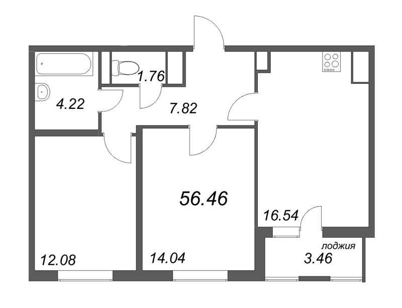 3-комнатная (Евро) квартира, 56.46 м² в ЖК "Ясно.Янино" - планировка, фото №1