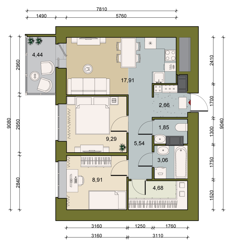 2-комнатная квартира, 54.64 м² в ЖК "Уютный" - планировка, фото №1