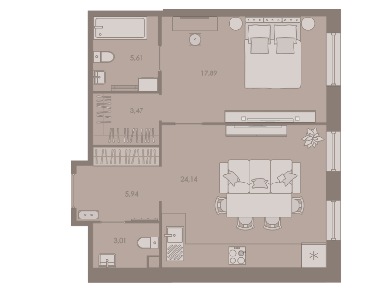 2-комнатная (Евро) квартира, 59.9 м² - планировка, фото №1