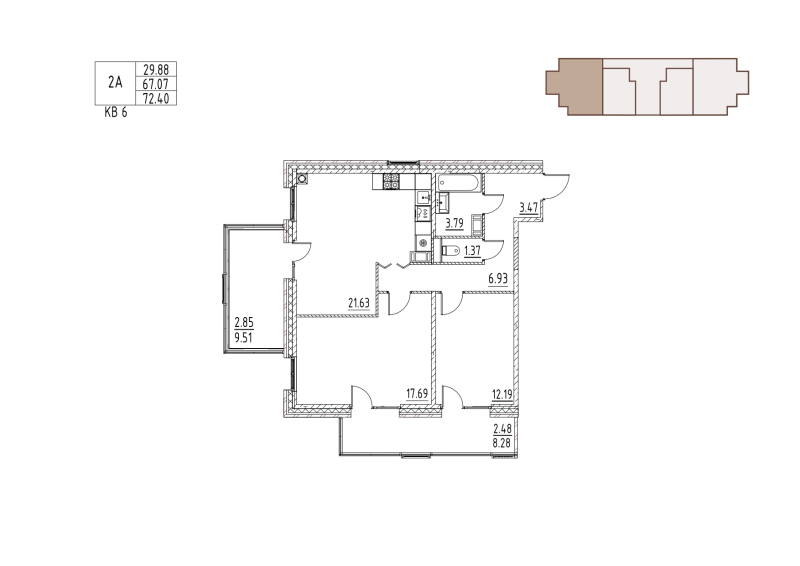 3-комнатная (Евро) квартира, 74 м² в ЖК "Loft у озера" - планировка, фото №1