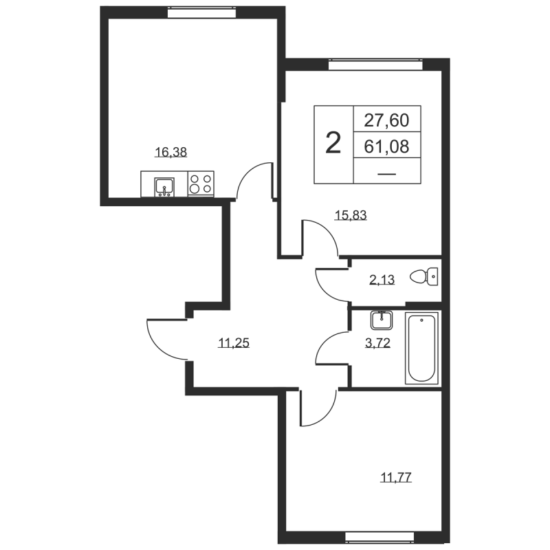 3-комнатная (Евро) квартира, 61.08 м² в ЖК "Высота" - планировка, фото №1