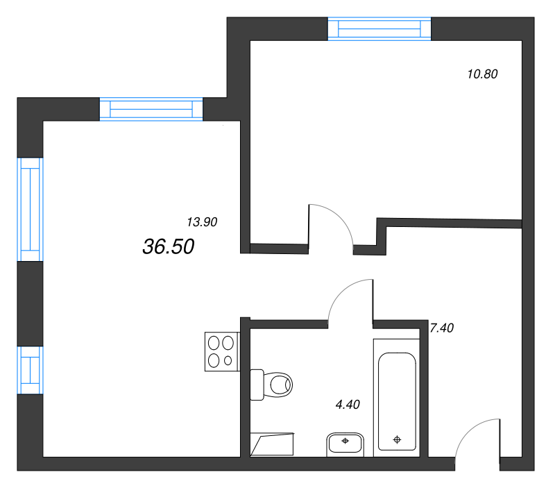 1-комнатная квартира, 36.5 м² - планировка, фото №1