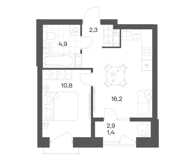 2-комнатная (Евро) квартира, 35.57 м² в ЖК "Новый Питер" - планировка, фото №1