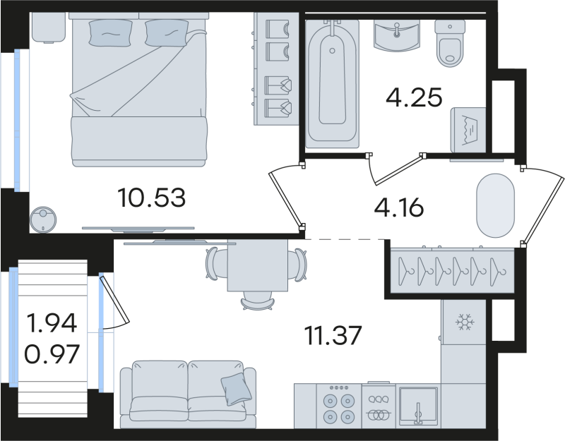1-комнатная квартира, 31.28 м² в ЖК "Романовка" - планировка, фото №1