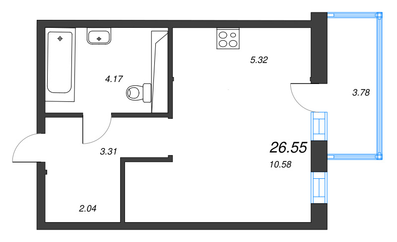 Квартира-студия, 26.55 м² в ЖК "Окла" - планировка, фото №1