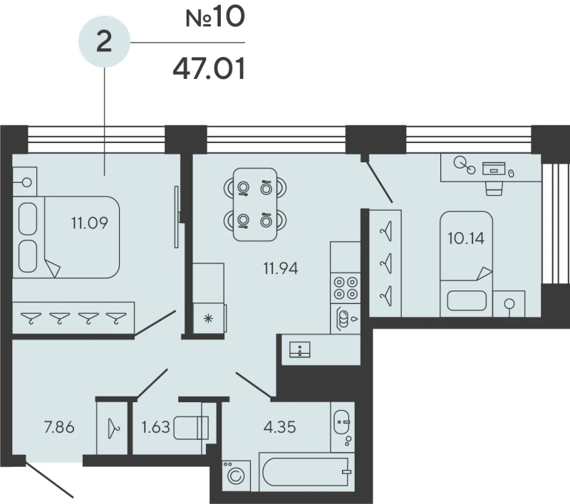 2-комнатная квартира, 47.01 м² - планировка, фото №1