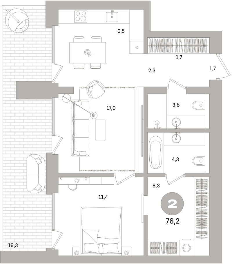 2-комнатная (Евро) квартира, 76.2 м² - планировка, фото №1