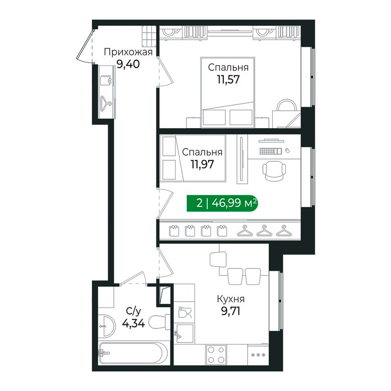 2-комнатная квартира, 46.9 м² в ЖК "Сертолово Парк" - планировка, фото №1
