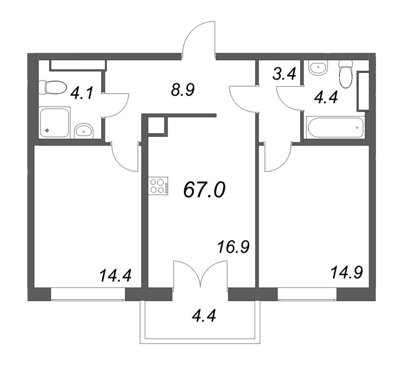 3-комнатная (Евро) квартира, 67 м² в ЖК "Визионер" - планировка, фото №1