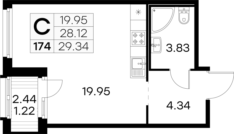 Квартира-студия, 29.34 м² в ЖК "GloraX Парголово" - планировка, фото №1