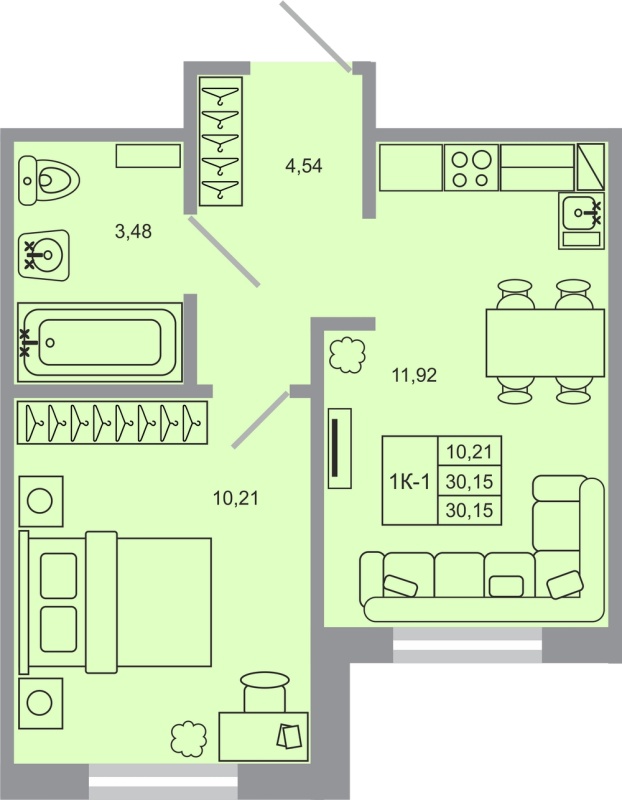1-комнатная квартира, 30.15 м² - планировка, фото №1
