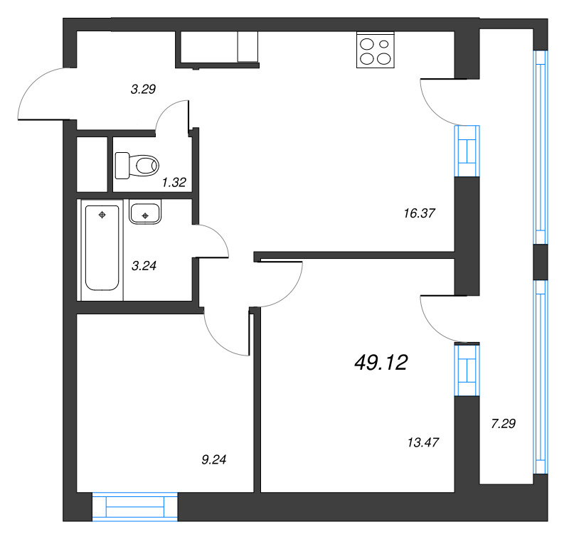 3-комнатная (Евро) квартира, 49.12 м² - планировка, фото №1