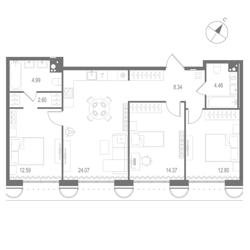 4-комнатная (Евро) квартира, 84.22 м² в ЖК "Остров Первых" - планировка, фото №1