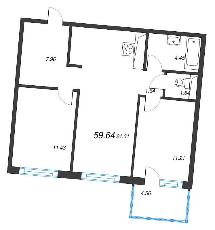 3-комнатная (Евро) квартира, 59.64 м² в ЖК "Легенда Васильевского" - планировка, фото №1