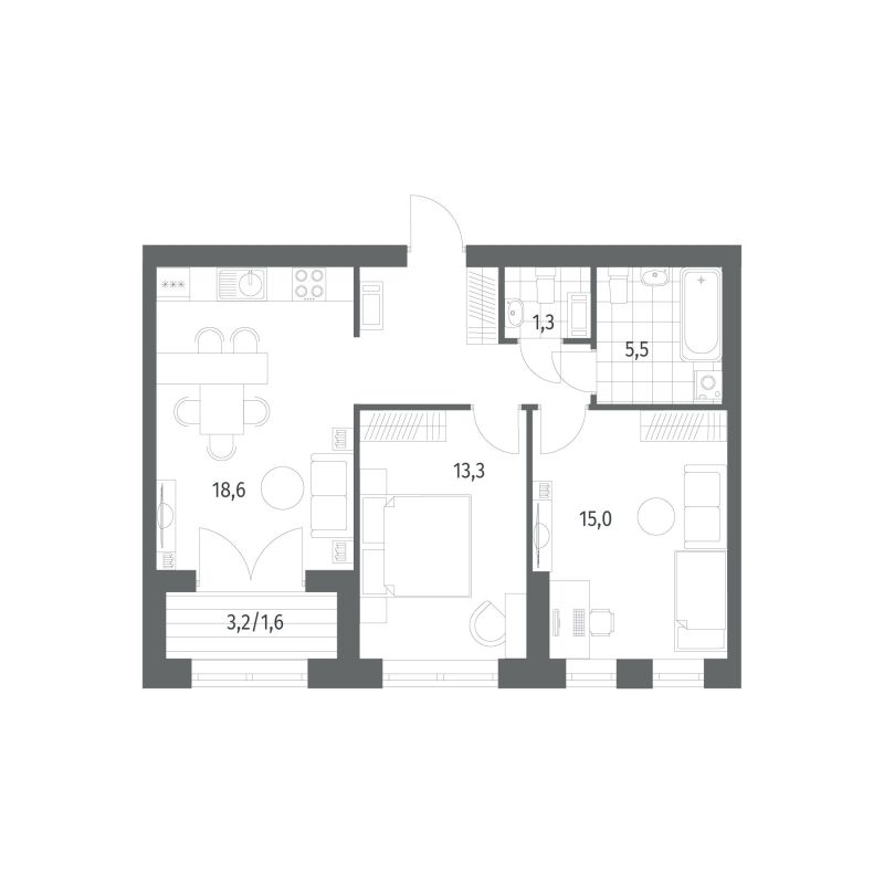 2-комнатная квартира, 62.72 м² - планировка, фото №1