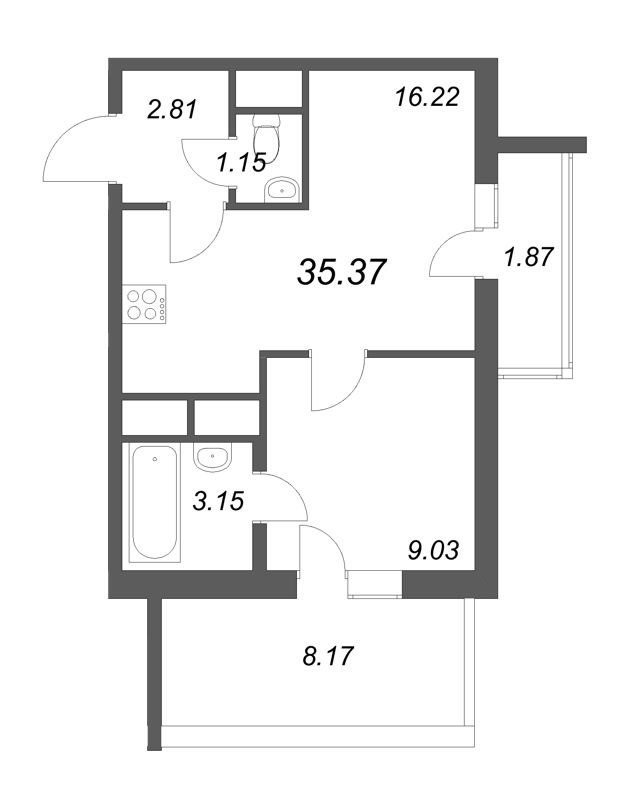 2-комнатная (Евро) квартира, 35.37 м² - планировка, фото №1