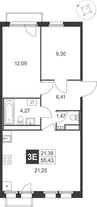 3-комнатная (Евро) квартира, 55.43 м² в ЖК "Слобода" - планировка, фото №1
