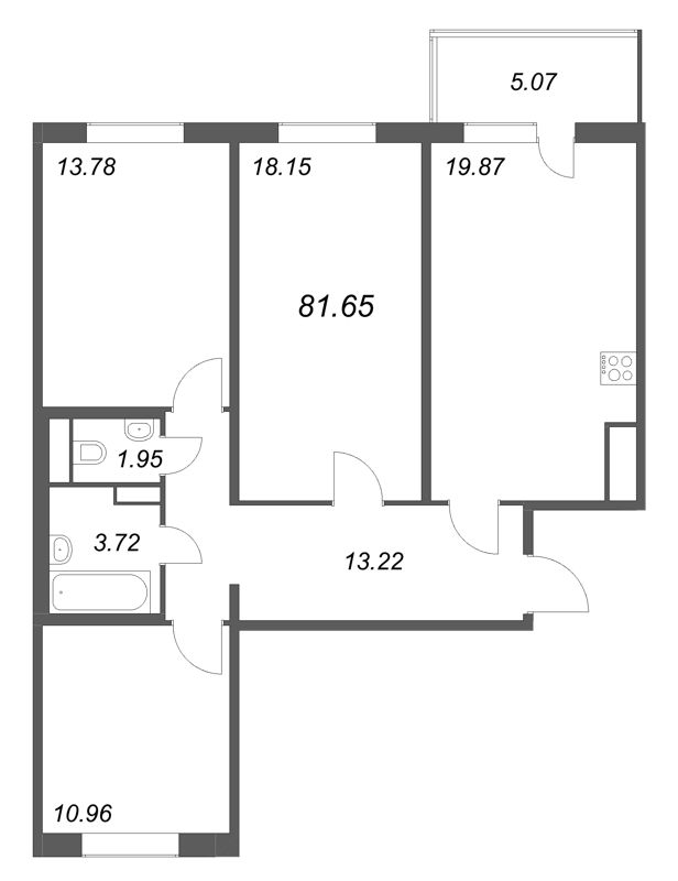 4-комнатная (Евро) квартира, 81.65 м² в ЖК "ЮгТаун" - планировка, фото №1