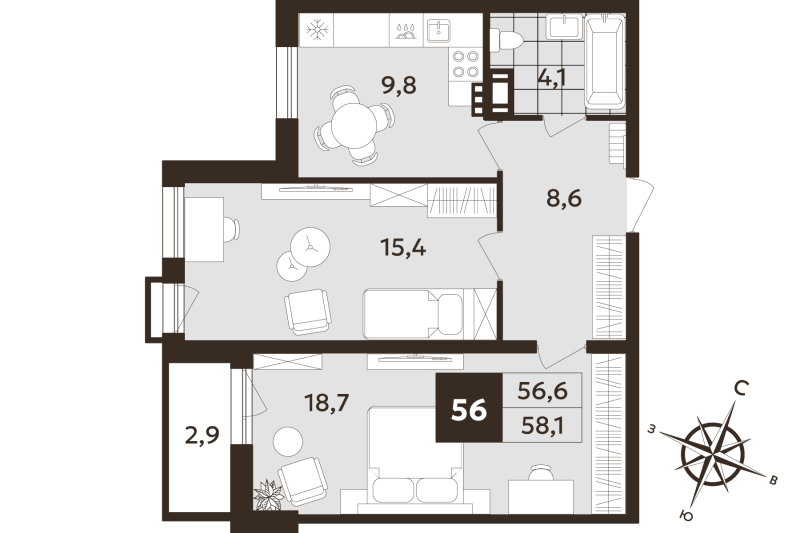 2-комнатная квартира, 56.6 м² в ЖК "Дом на Бронницкой" - планировка, фото №1