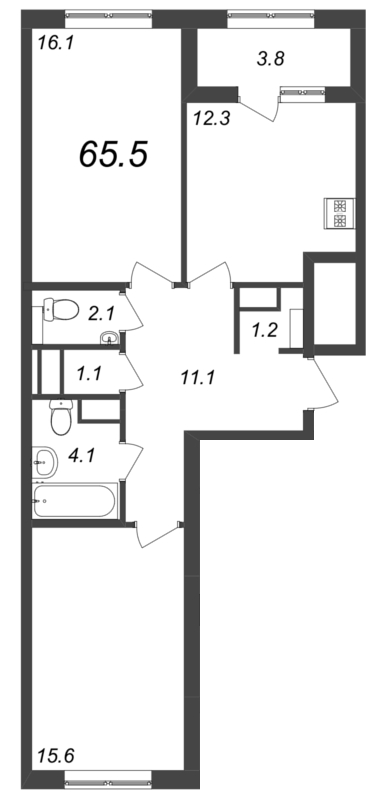 2-комнатная квартира, 65.5 м² - планировка, фото №1