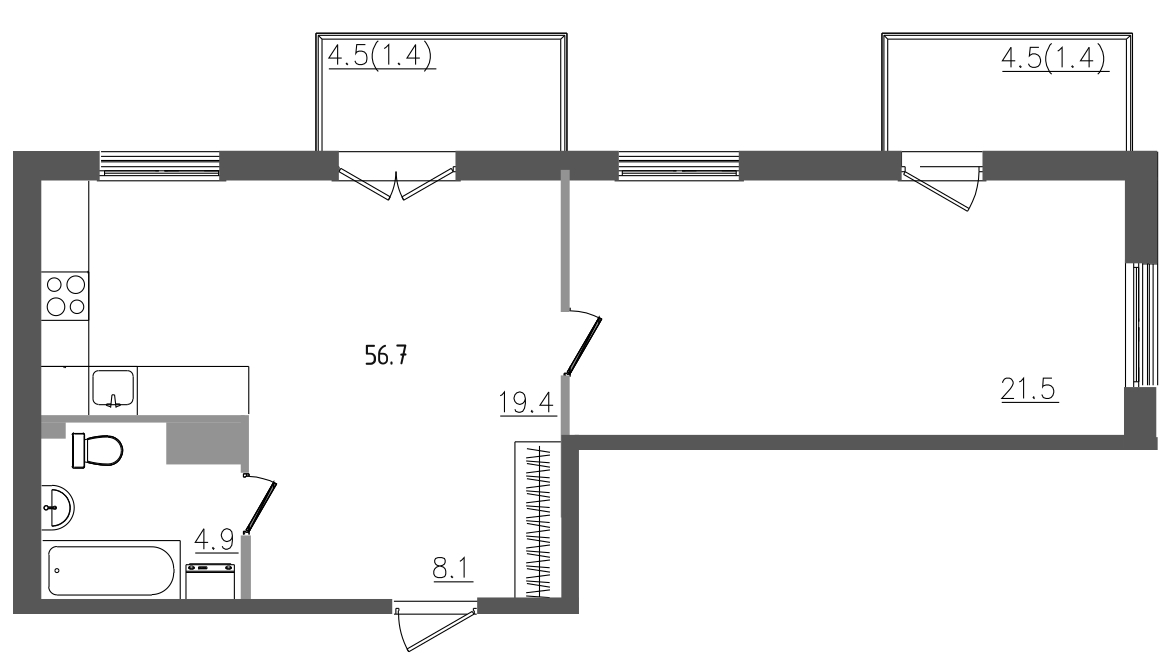 2-комнатная (Евро) квартира, 56.7 м² в ЖК "Upoint" - планировка, фото №1