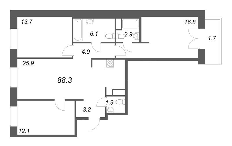 3-комнатная квартира, 88.3 м² - планировка, фото №1