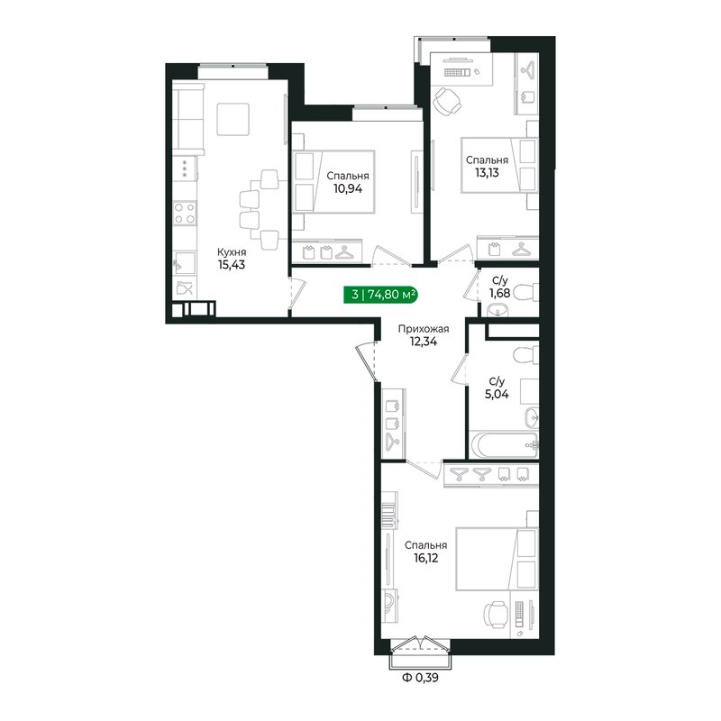 4-комнатная (Евро) квартира, 74.1 м² в ЖК "Сертолово Парк" - планировка, фото №1
