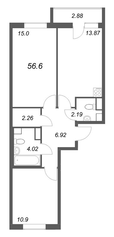 2-комнатная квартира, 56.6 м² в ЖК "Кинопарк" - планировка, фото №1