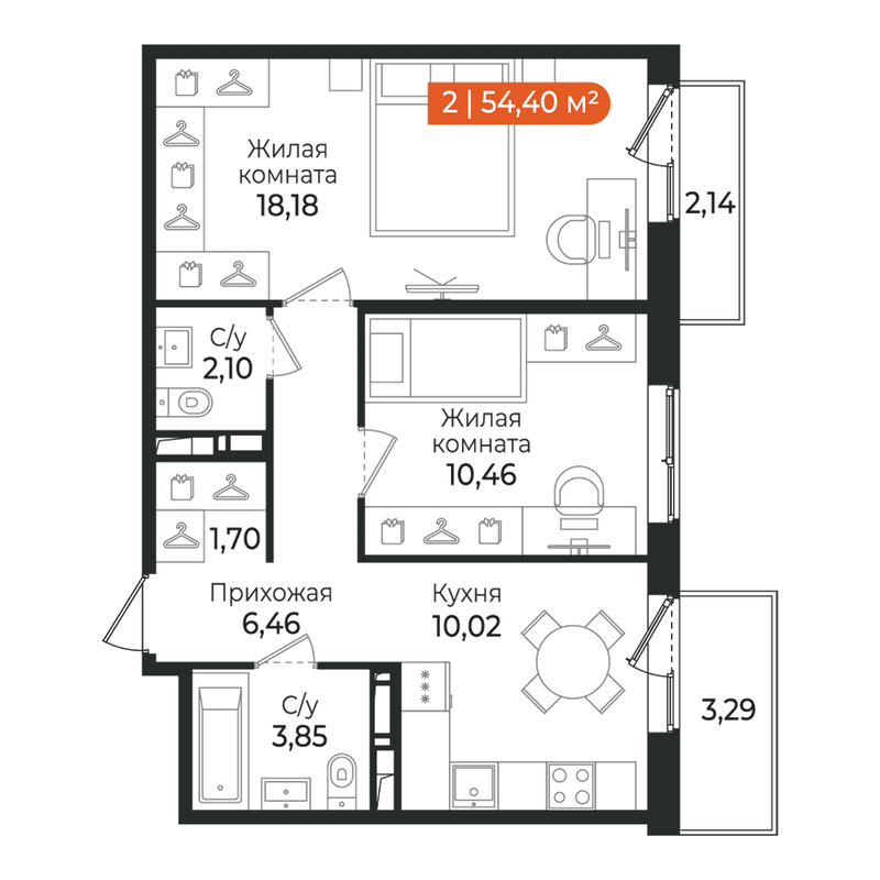 2-комнатная квартира, 54.4 м² в ЖК "Алгоритм Квинта" - планировка, фото №1