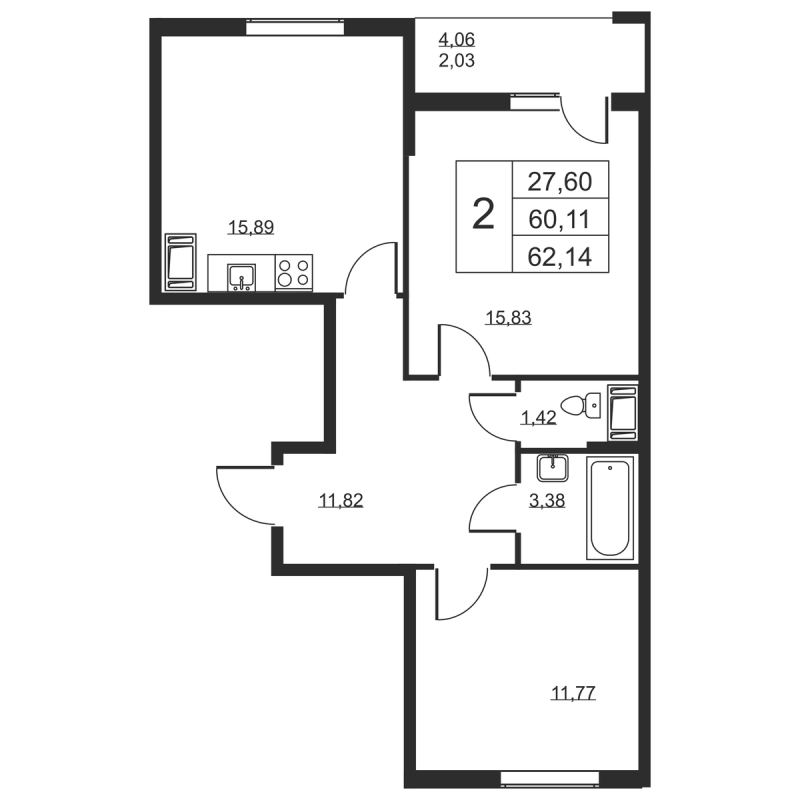 3-комнатная (Евро) квартира, 62.14 м² - планировка, фото №1