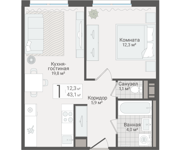 2-комнатная (Евро) квартира, 43.1 м² в ЖК "Руднева 15" - планировка, фото №1