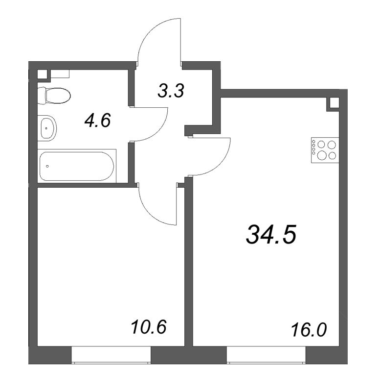 2-комнатная (Евро) квартира, 34.5 м² в ЖК "Пулково Lake" - планировка, фото №1