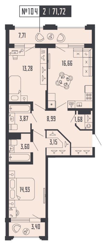 3-комнатная (Евро) квартира, 71.72 м² - планировка, фото №1