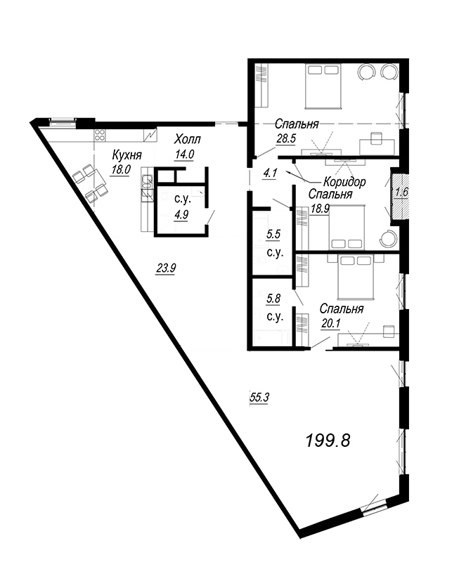 4-комнатная квартира, 205.89 м² - планировка, фото №1