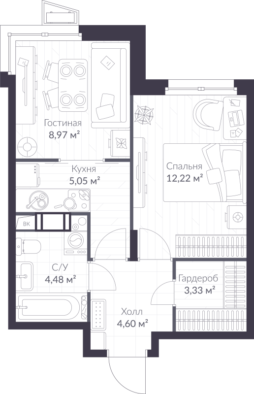 2-комнатная (Евро) квартира, 38.65 м² в ЖК "ВЕРЕН НОРТ сертолово" - планировка, фото №1