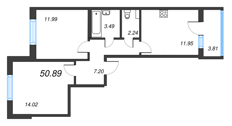 2-комнатная квартира, 50.89 м² в ЖК "ПАТИО. Уютный квартал" - планировка, фото №1