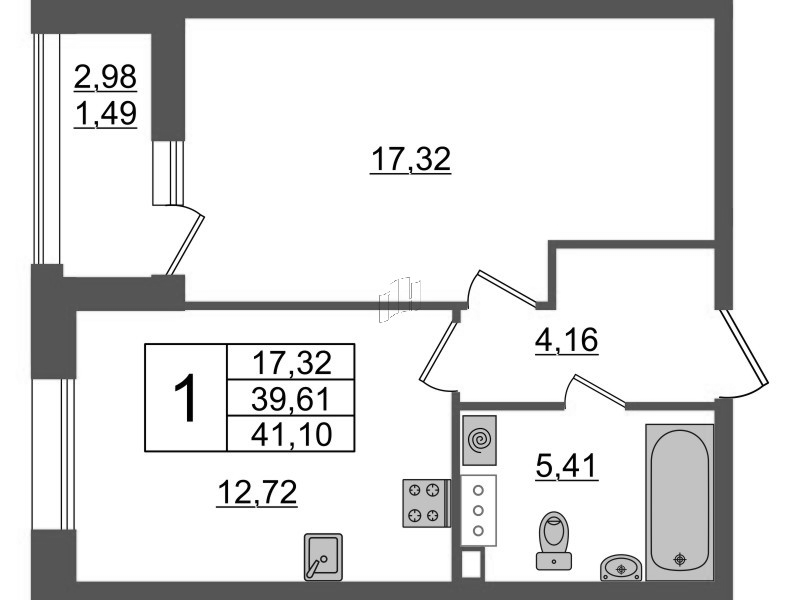 1-комнатная квартира, 41.1 м² в ЖК "Аквилон Leaves" - планировка, фото №1