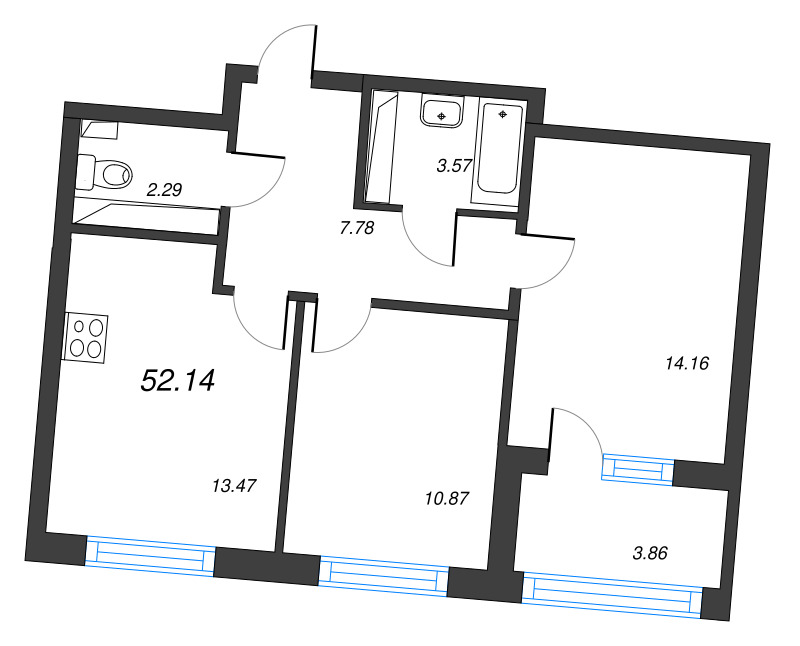 2-комнатная квартира, 54.07 м² - планировка, фото №1