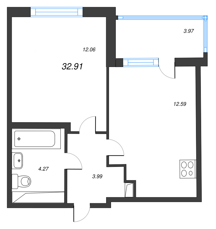 1-комнатная квартира, 32.91 м² в ЖК "ЮгТаун" - планировка, фото №1