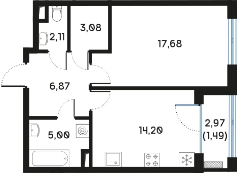 1-комнатная квартира, 50.56 м² в ЖК "Дом Регенбоген" - планировка, фото №1