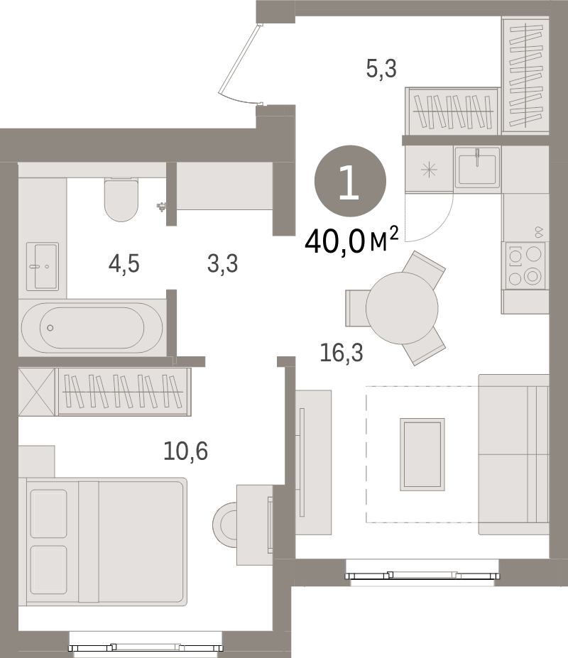 2-комнатная (Евро) квартира, 40 м² в ЖК "Брусника в Новоселье" - планировка, фото №1