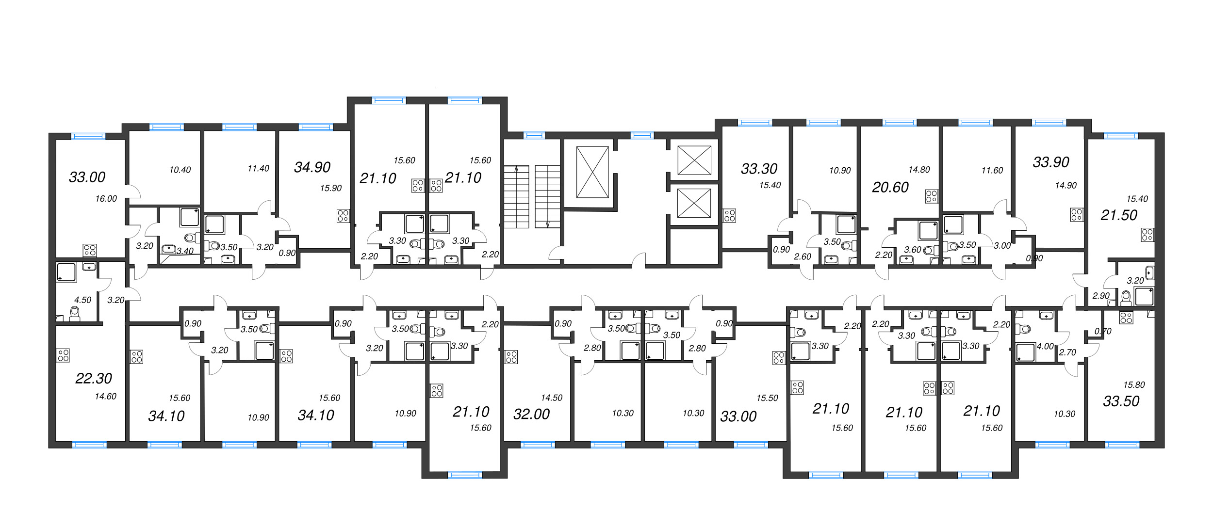 2-комнатная (Евро) квартира, 34.1 м² в ЖК "Дыбенко Парк" - планировка этажа