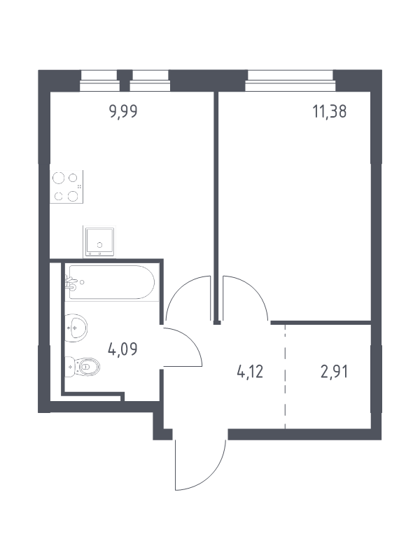 1-комнатная квартира, 32.49 м² - планировка, фото №1